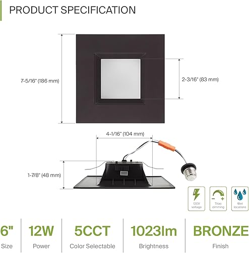 Miniatura 2 de ASD Bronze 6 inch LED Recessed Lighting Square Retrofit Kit 5CCT Selectable 27003000350040005000K Adjustable 12W 1050Lm Wet Rated Dimmable LED