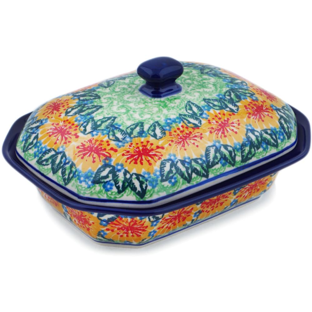 Authentic Polish Pottery Dish with Cover Signature UNIKAT in Marigold Chain Design Handmade in Boles?awiec Poland by Ceramika Artystyczna + Certificate of Authenticity