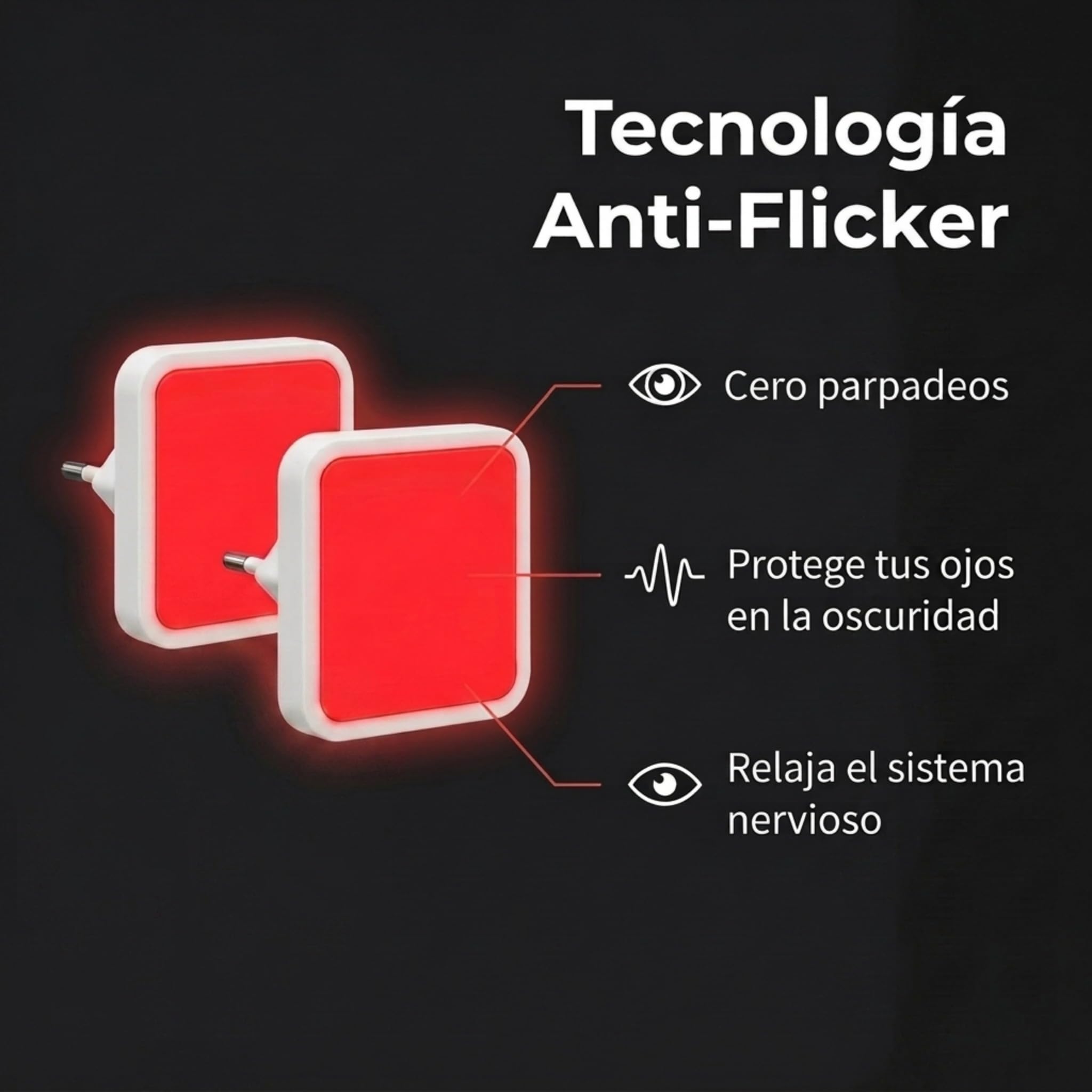 Luz Roja Nocturna Enchufable | Pack de 2 + Ebook | Luces Rojas Nocturna Melatonina para Dormir Mejor | Luz Roja Bebé y Luces Rojas Enchufe Antiflicker | Noche Relajante Sueño, Descanso y Bienestar