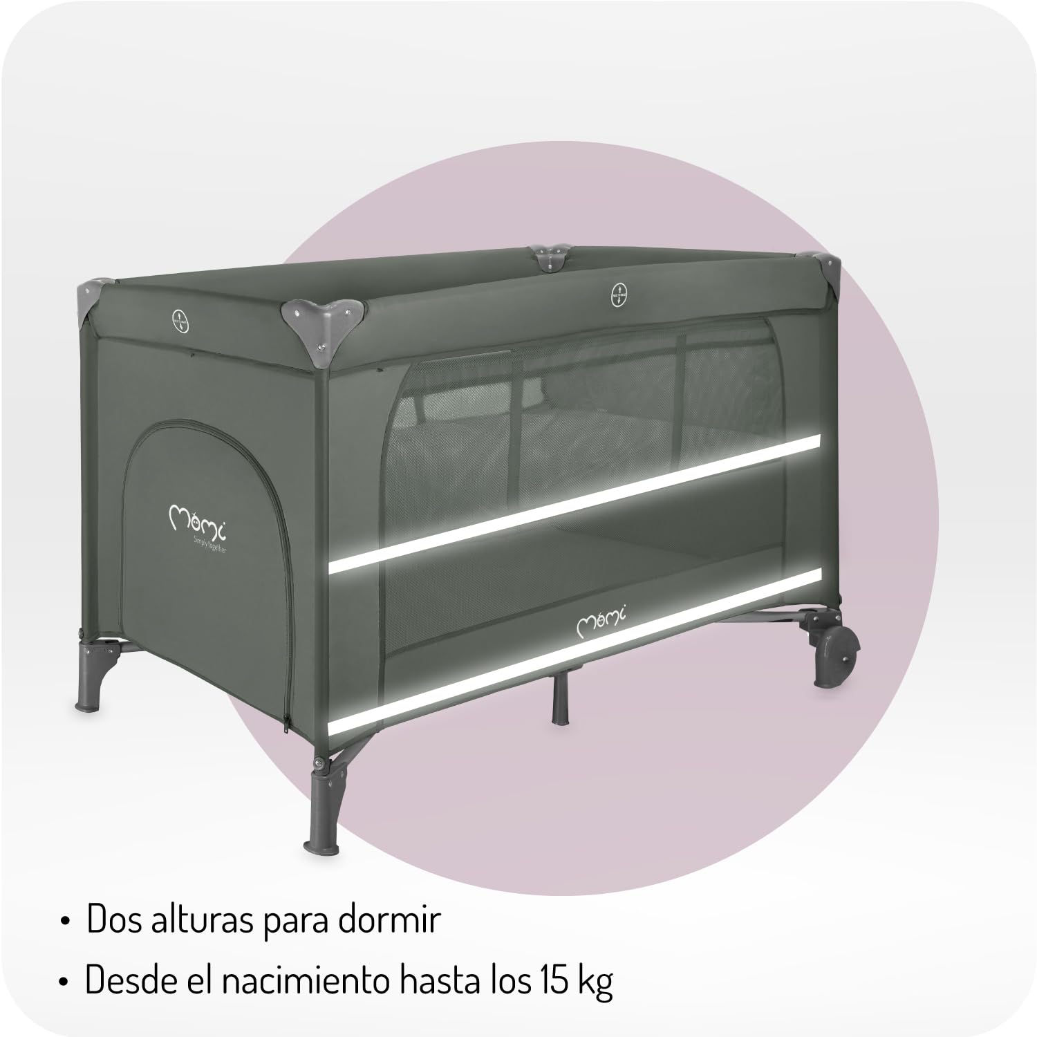 Momi Cuna de Viaje BELOVE Plus 2 en 1, Plegable, 2 Alturas, para bebés hasta 9 kg y niños hasta 15 kg, con colchón, Barra con Juguetes, Cambiador y Bolsa de Transporte