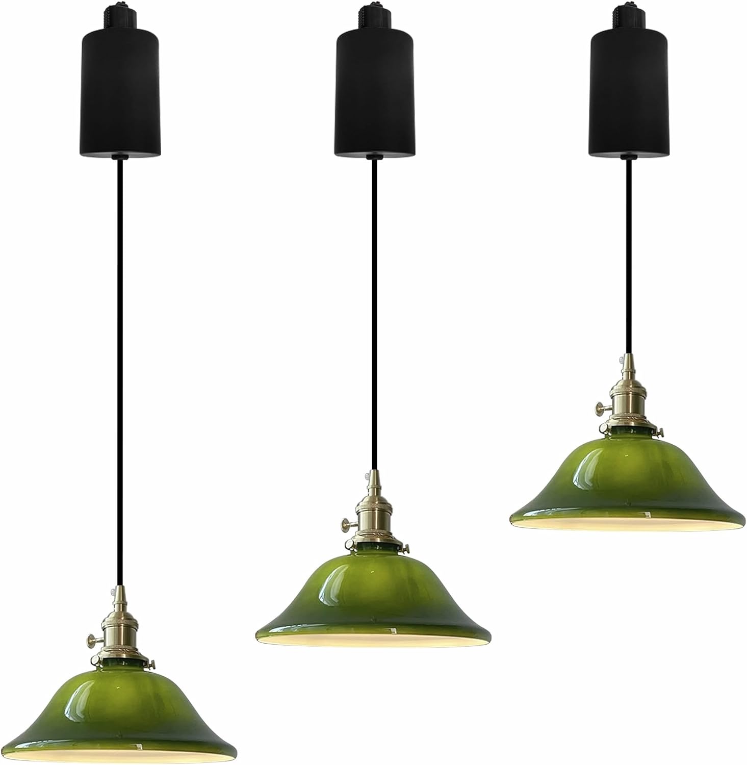 Adjustable Height Halo Track Lighting Pendants, 6.5 ft Cord, H-Type Dimmable Vintage Copper E26 Socket Emerald Green Glass Shade Chandeliers for Kitchen Island Vaulted Ceiling