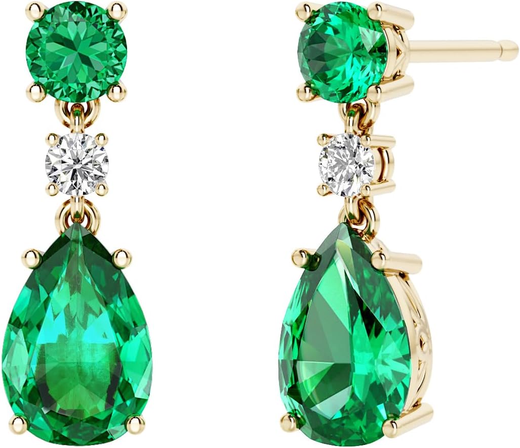 Peora 14K Yellow Gold Created Colombian Emerald and Lab Grown Diamond Drop Earrings, 3.10 Carats Total Pear Shape 9x6mm, Friction Backs, May Birthstone