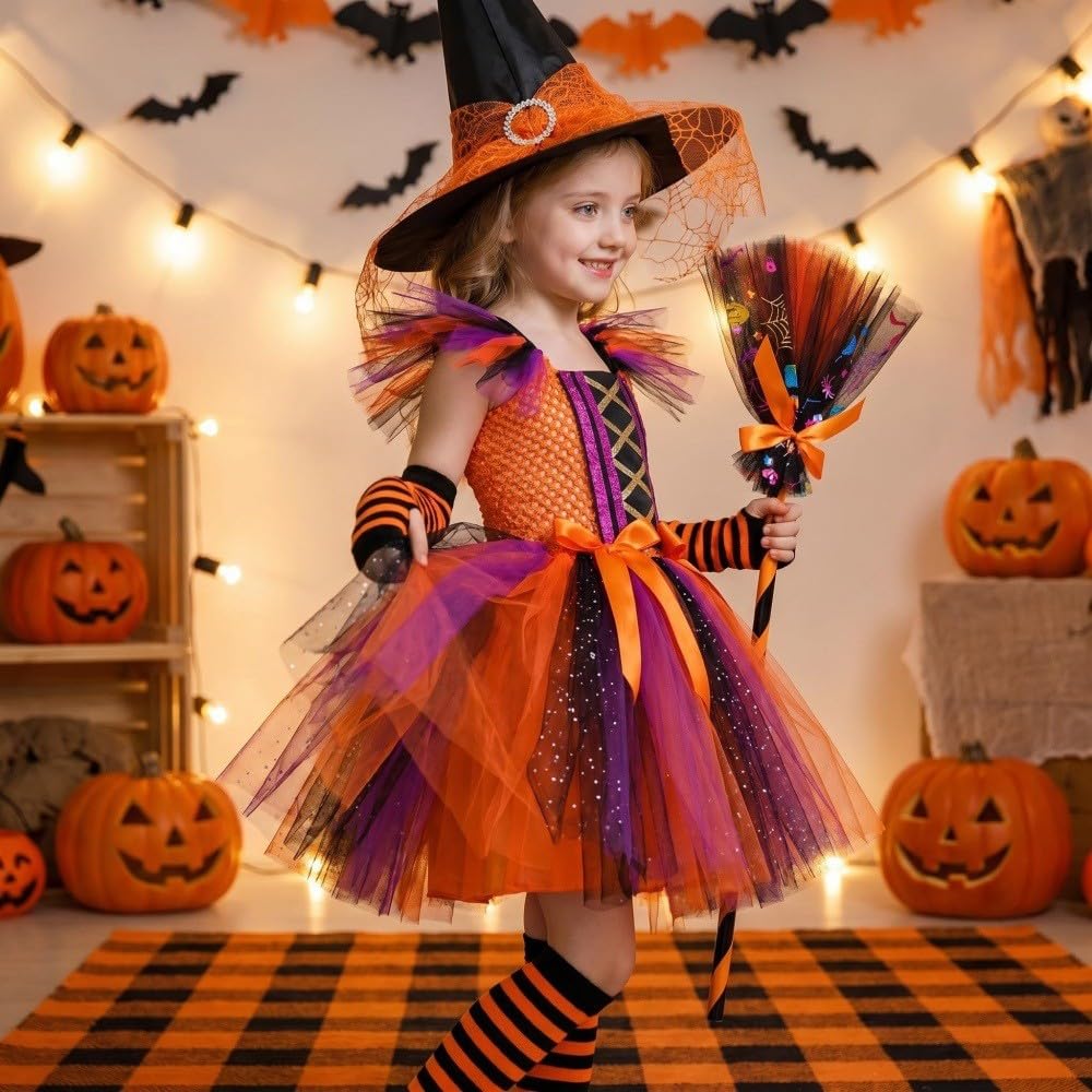 Hexenkostüm Kind Halloween Kostüme Kinder Halloween Hexenkleid Mit Hut Set Mit Hut Besen Rock Und Umhang Sommerkleid Mädchen Kleid Party Karnevalskostüme Für Halloweens Cosplay