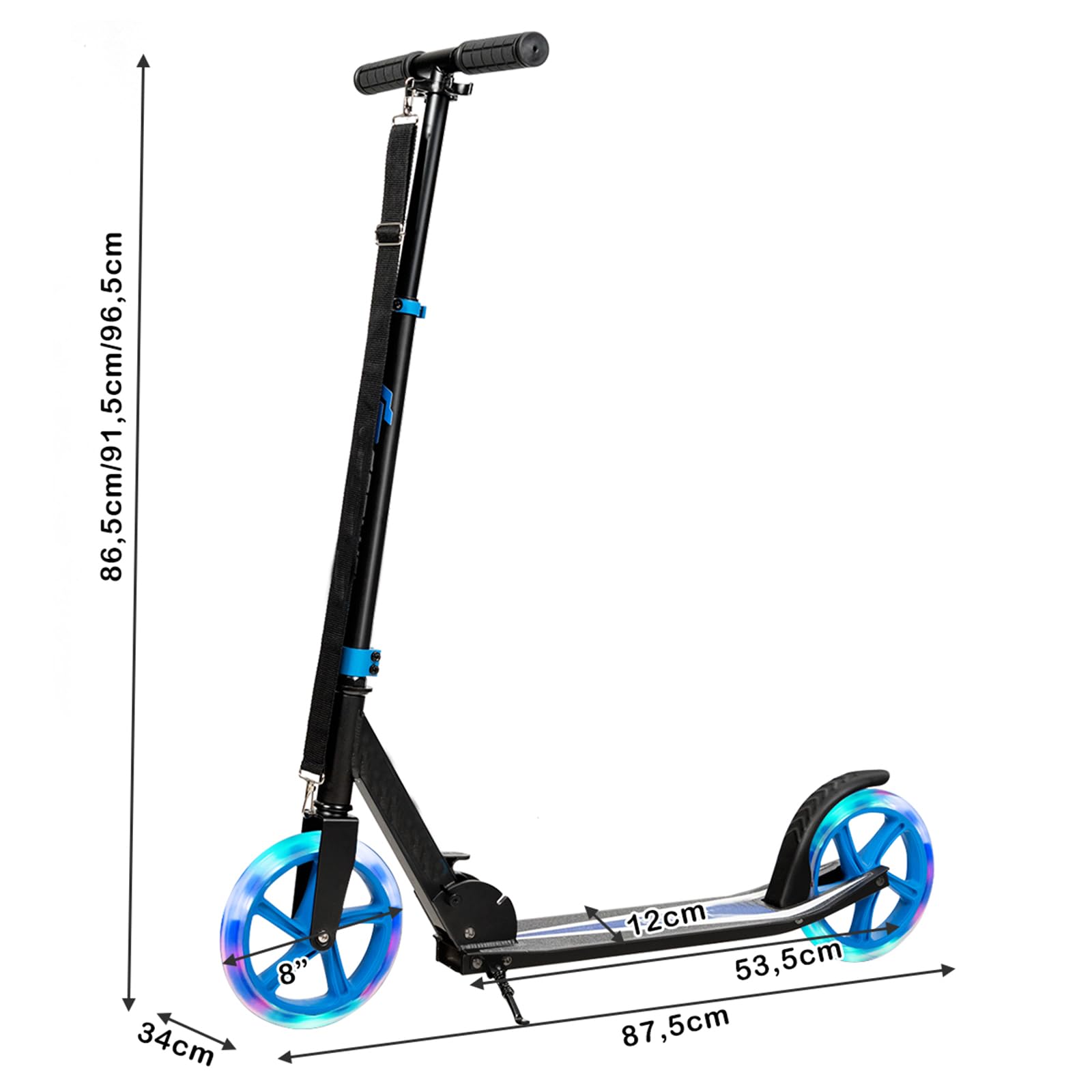 COSTWAY Monopattino Pieghevole con Altezza Regolabile, 2 Ruote Luminose con Freno, Manubrio Regolabile, Pedana Antiscivolo, Tracolla e Cavalletto, Scooter Portata 100kg, 10+ Anni