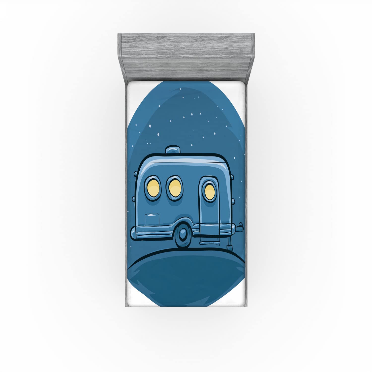 Ambesonne RV 2 Pack Fitted Sheet, Cartoon Trailer at Night Stars, Bed Cover All-Round Elastic Deep Pockets 2 Pieces, Package Contains 2 Twin Size Fitted Sheets, Dark Blue