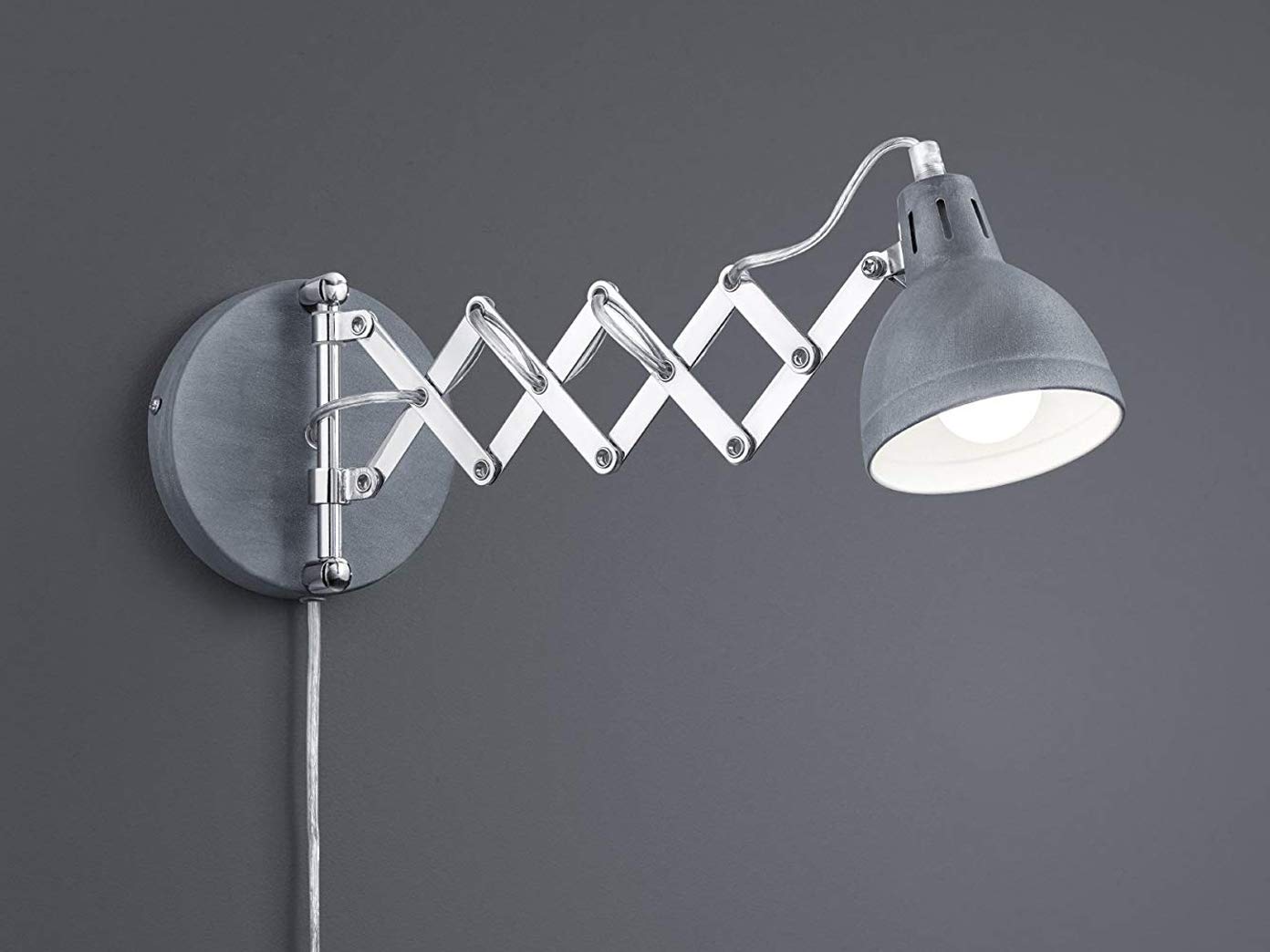Lámpara de pared LED flexible con articulación de tijera, aspecto industrial, de metal con pantalla redonda en hormigón, color gris