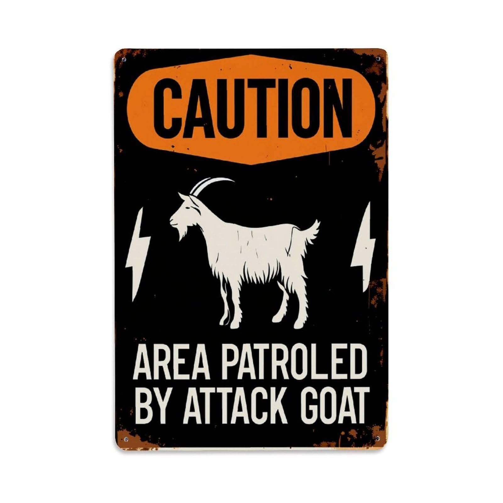 Enderetf Vintage Caution Goat Patrolled Attack Area Tin Sign Metal Poster, Home Bar Garage Man Cave Cafe Indoor & Outdoor Wall Decoration 8X12inches