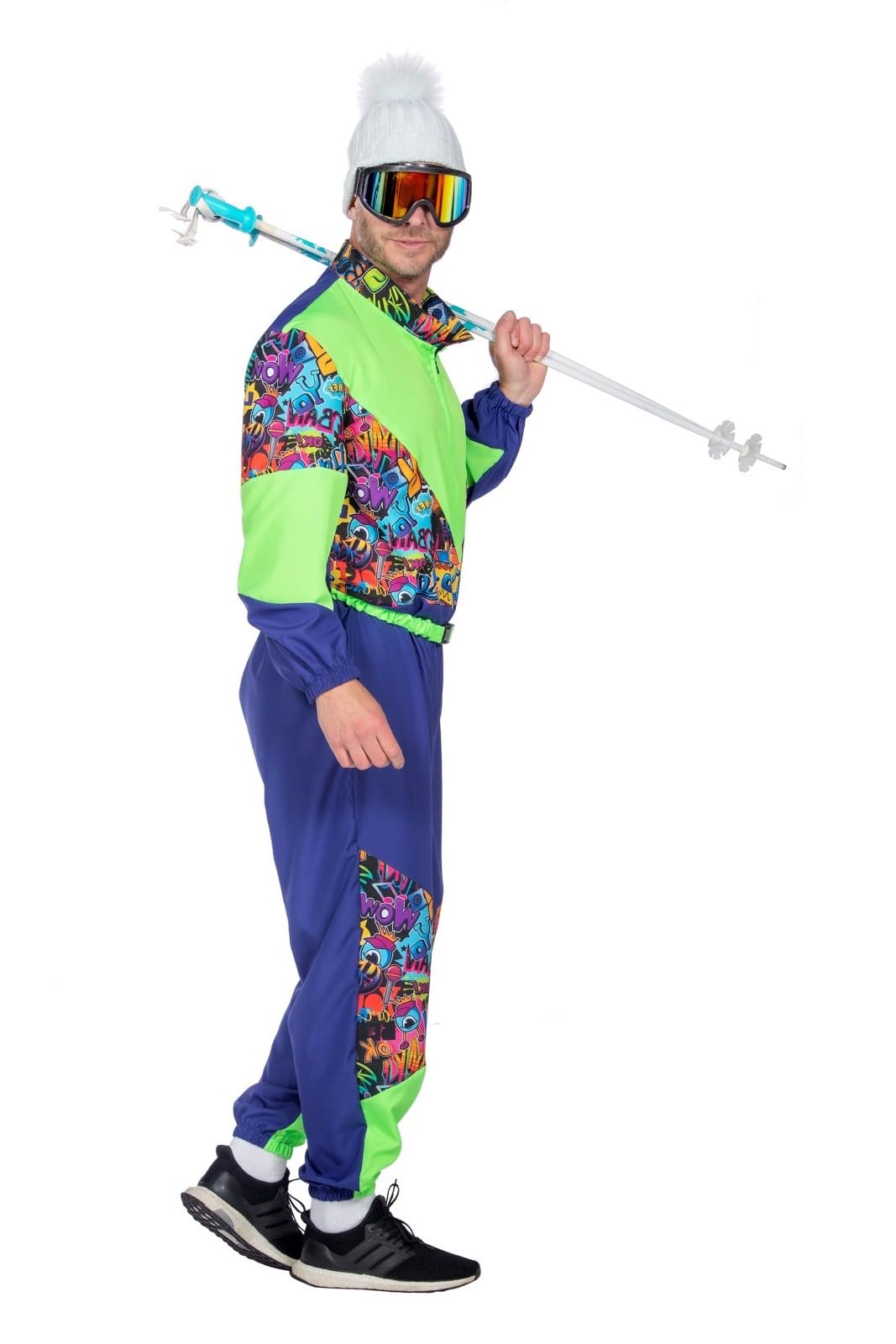 MIMIKRY 80er Jahre Graffiti Retro Ski-Anzug Herren-Kostüm inkl. Brille Overall Einteiler Trash Bad Taste Apres Ski