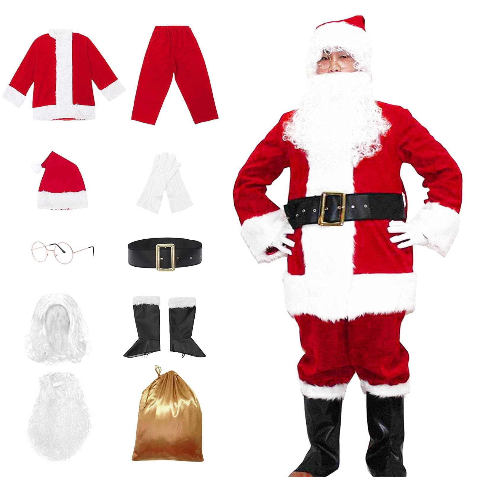 EOZY Disfraz de Papá Noel de lujo de 10 piezas, traje de Papá Noel de felpa roja vintage con bolsa de regalo