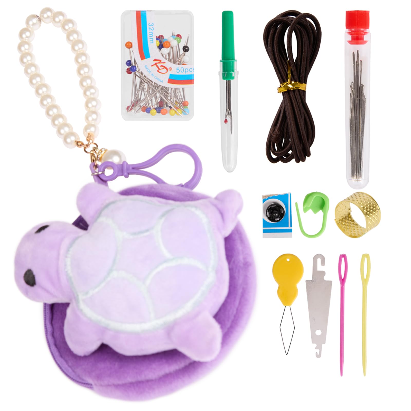 Creawonder Tortoise-Purple With Storage Bag And Pearl Bracelet Tortoise Shape Pin Cushion With Sewing Storage Bag And Pearl Bracelet, Cute Pincushions Sewing Kit Accessories Supplies Needle Cushions Holder Fabric Pins For Jewelry Quilting Diy Crafts
