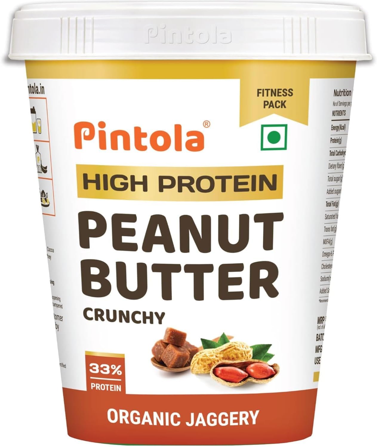 HIGH Protein ORGANIC JAGGERY Peanut Butter Crunchy 1kg with 33g Protein & 7g Fiber, Whey Protein Peanut Butter, Gluten Free, Zero Added Salt, Cholesterol Free, 100% Roasted Peanuts
