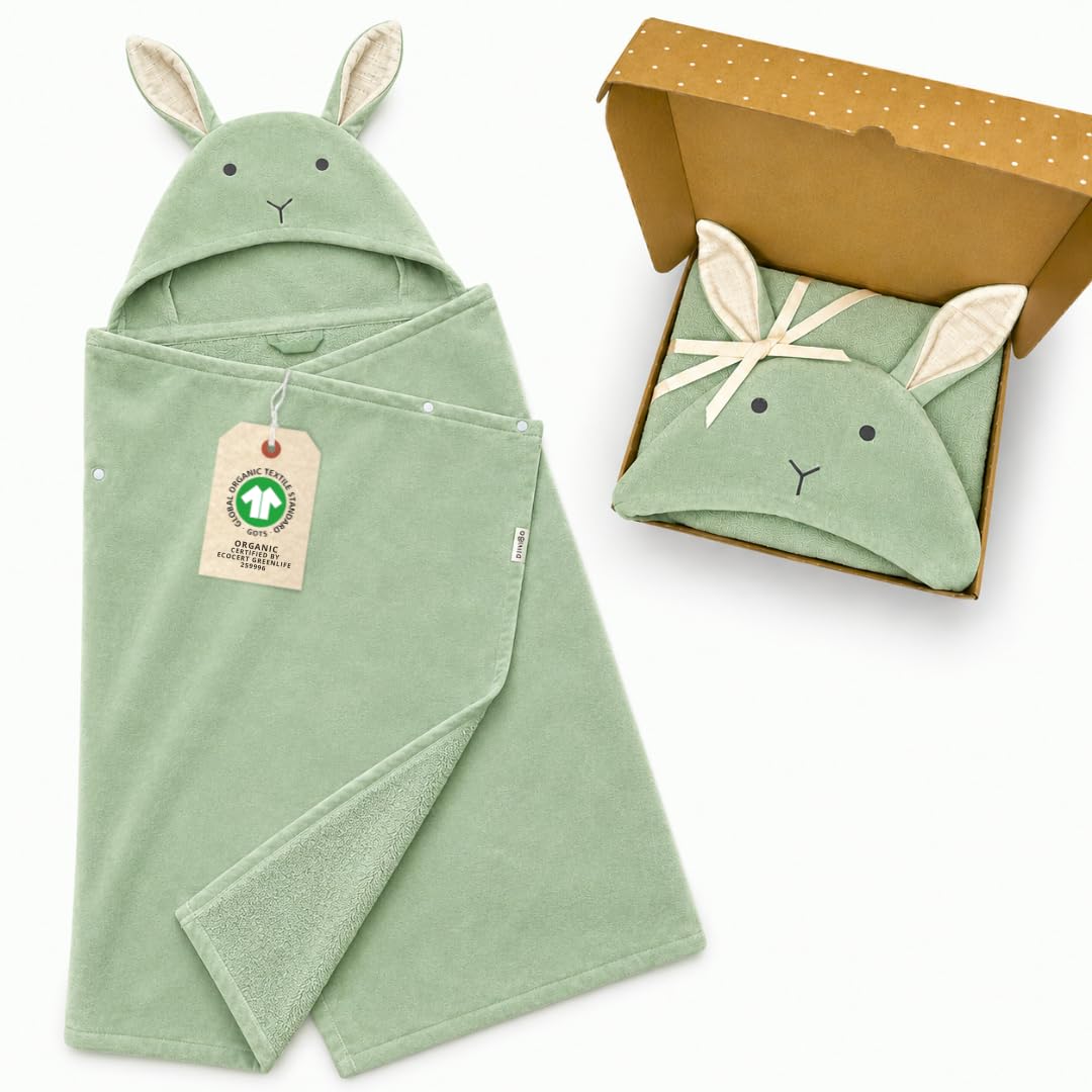 DIKOS Poncho de baño bebé y niños 70x140 cm Toalla con Capucha Conejito niña niño algodón orgánico Rizo Velour Suave Absorbente Regalo Nacimiento Baby Shower Canastilla Toalla Infantil tierna (Menta)