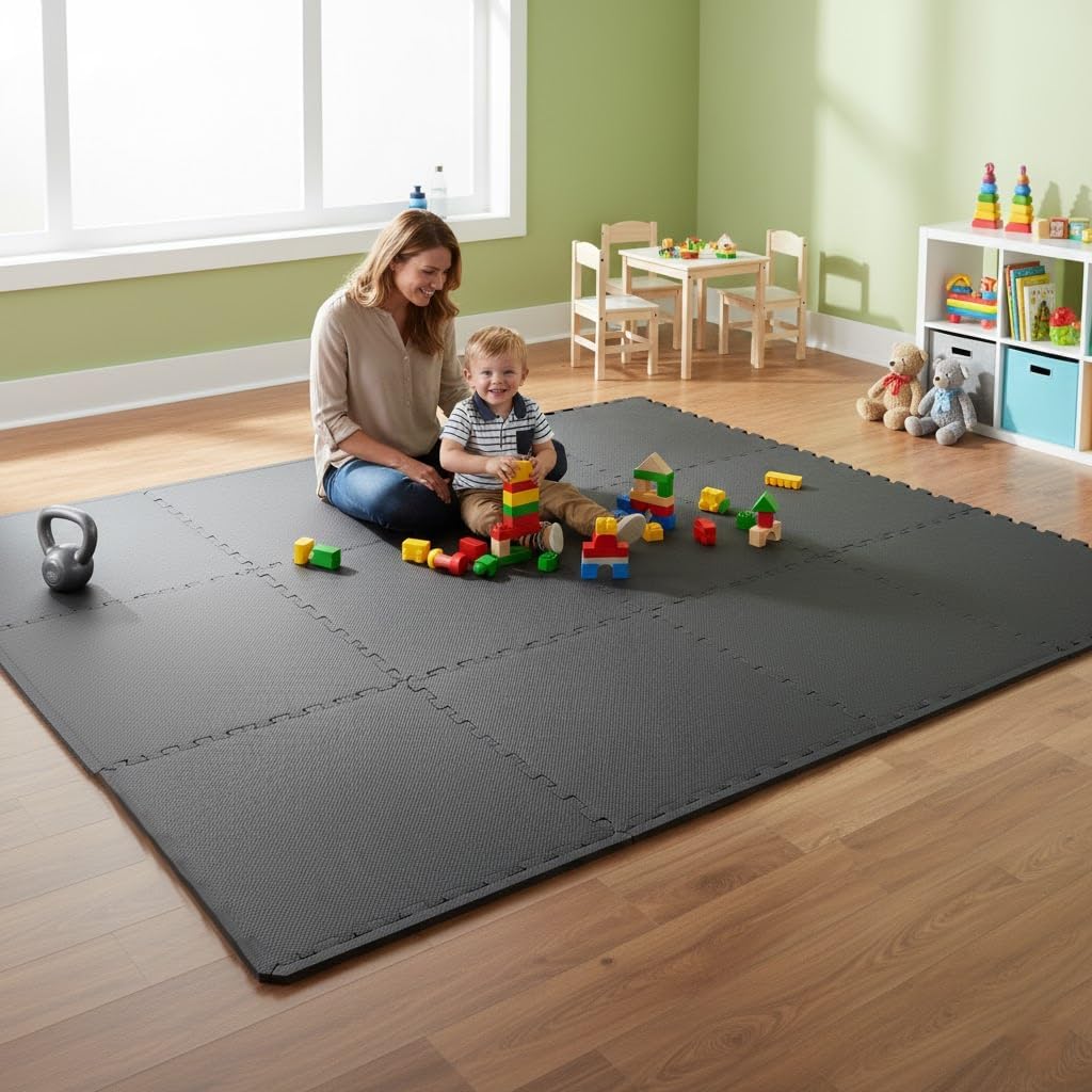 Interlocking EVA Foam Floor Mats 24"x24", 8-Piece Set, Shock-Absorbing, Non-Slip, Waterproof Exercise Tiles for Home Gym, Workout, Martial Arts & Playroom, Lightweight 4 Sq. Ft per Tile – Black