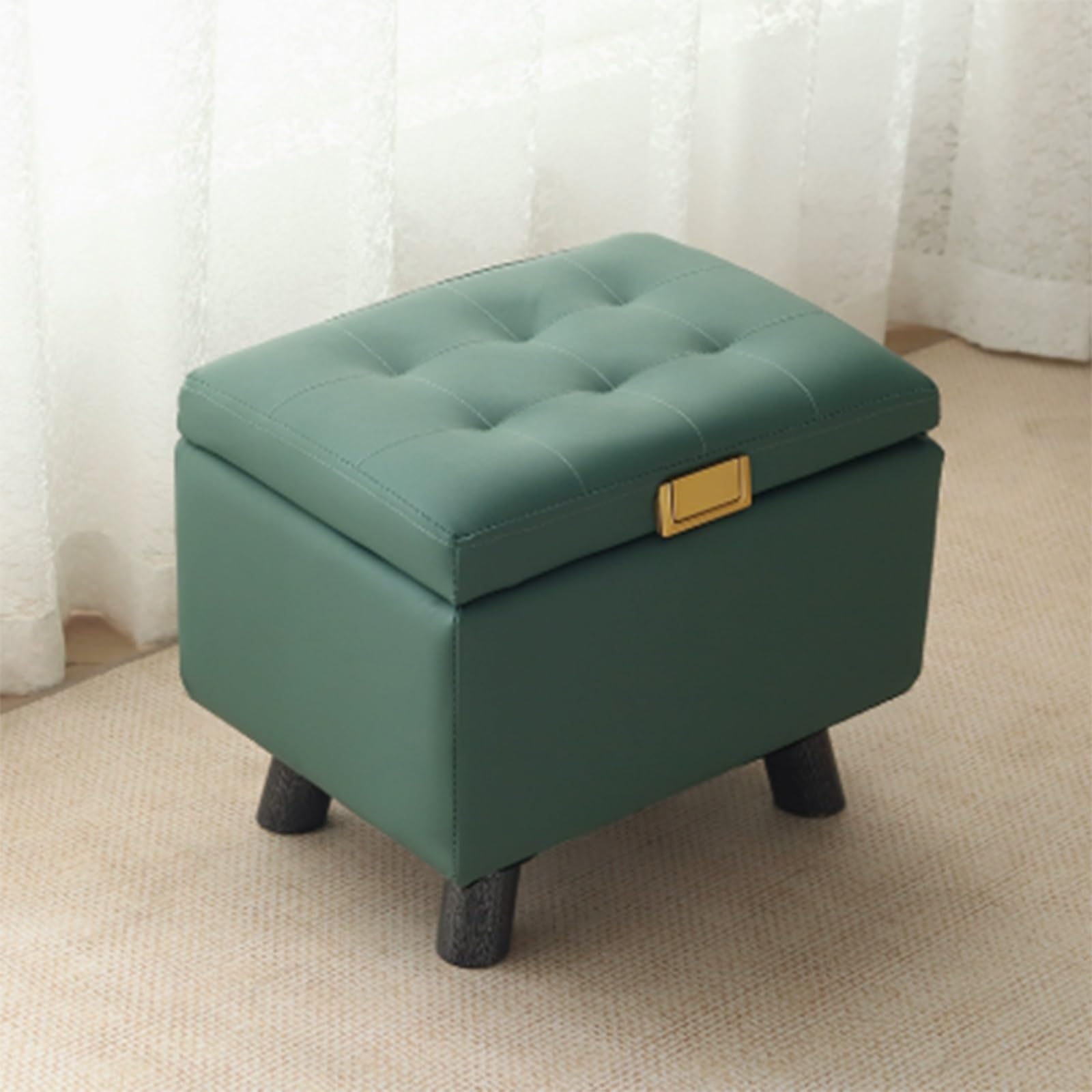 Otomana Cuadrada de Cuero con almacenaje, reposapiés tapizado para Entrada con Tiradores de herrajes, Patas Gruesas de Madera, Banco Acolchado para Zapatos con Tapa elevable(Green)