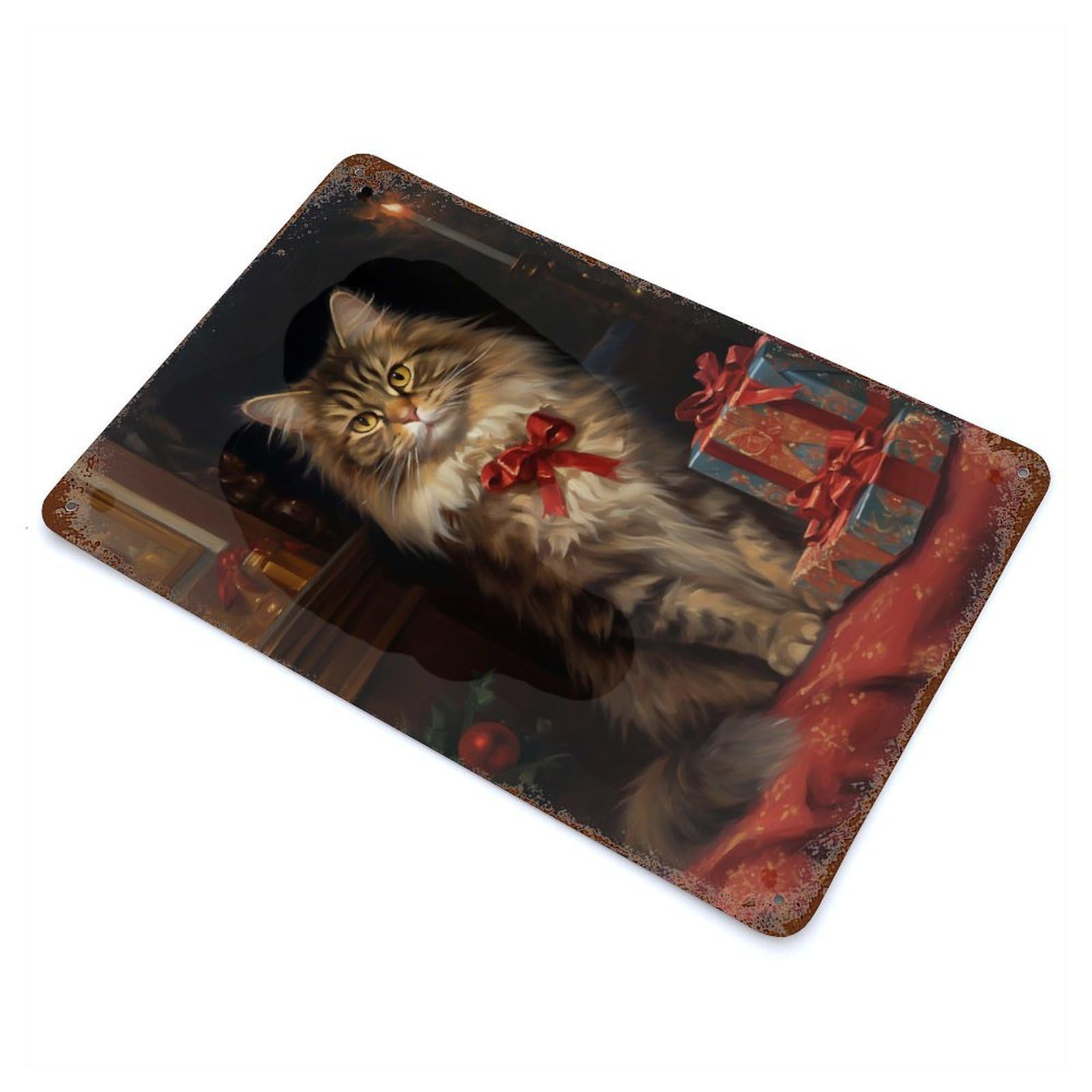 Christmas Maine Coon Cat Decorative Tin Sign 11.8"x7.9", for Bistro, Counter And Cafe Decor, Classic Wall Plaque