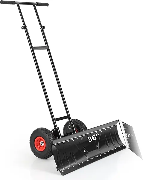 GYMAX Snow Shovel, Wheeled Pusher with 10” Pneumatic Rubber Wheels, 36” Wide Blade, Adjustable Height, Anti-Slip Handle, Heavy Duty Ergonomic Shovel for Driveway, Sidewalk, Pavement Snow Removal