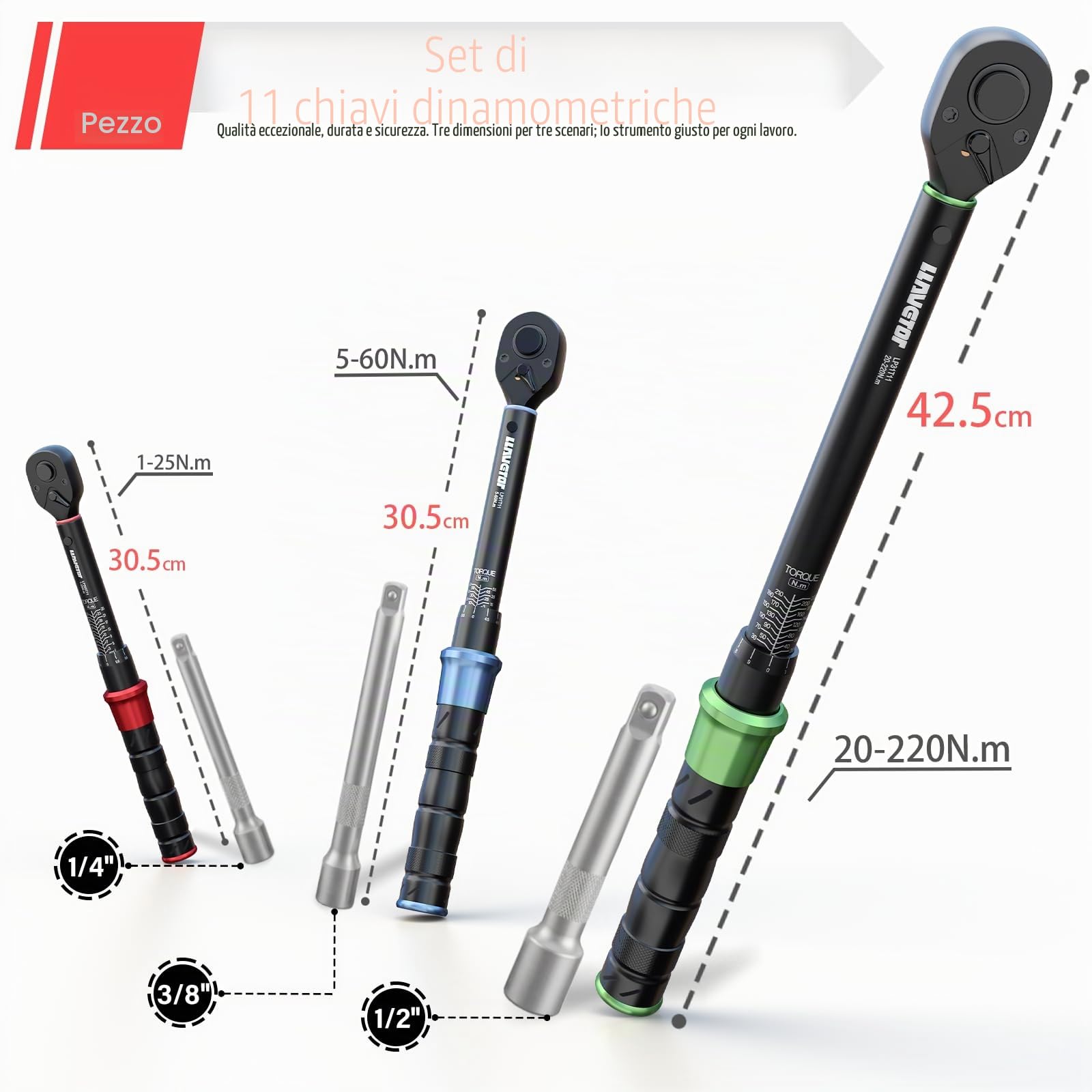 Set Chiavi Dinamometriche 11PZ Precisione ±3% 1/2" 3/8" 1/4" Cricchetto Bidirezionale per Auto Moto Bicicletta con Certificato e Valigetta