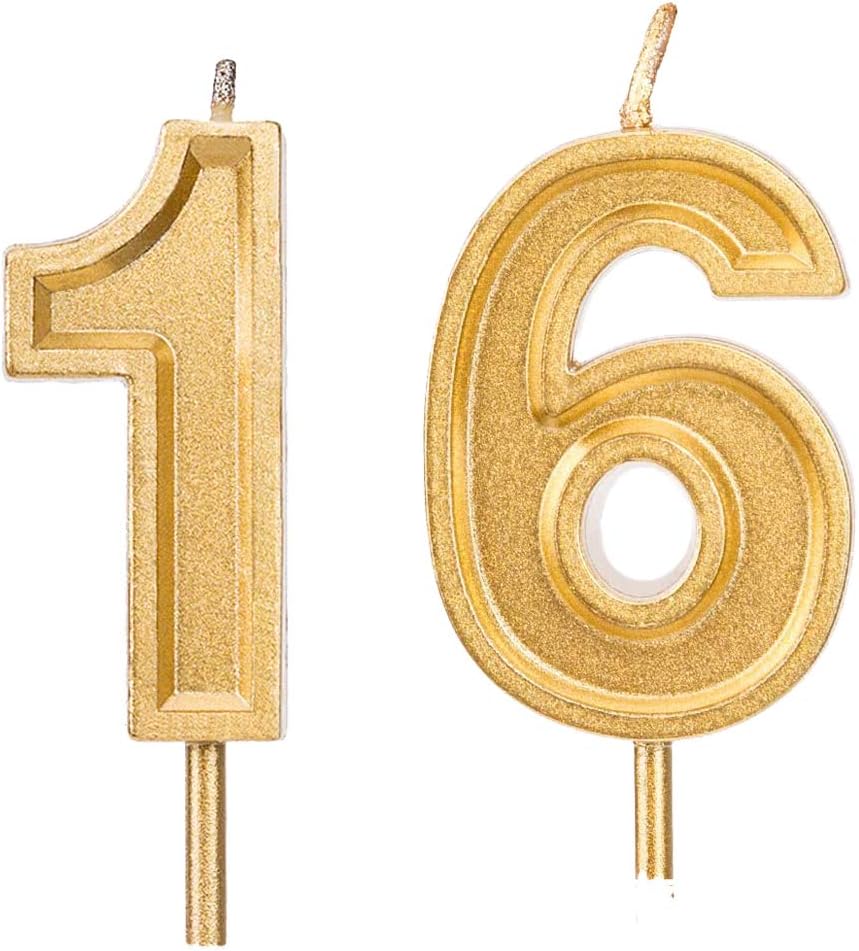 Qj-solar 2.76 inch Gold 16th Birthday Candles,Number 16 Cake Topper for Birthday Decorations