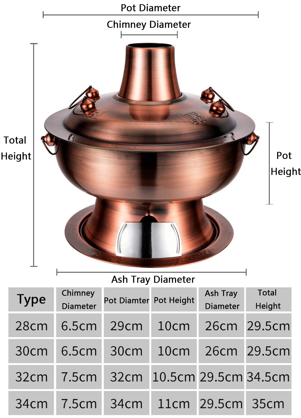 SAeWare Pentola calda cinese in rame, in acciaio inox, per servire shabu, per zuppa tradizionale cinese, con camino, per casa, feste, ristorante, argento, 32 cm
