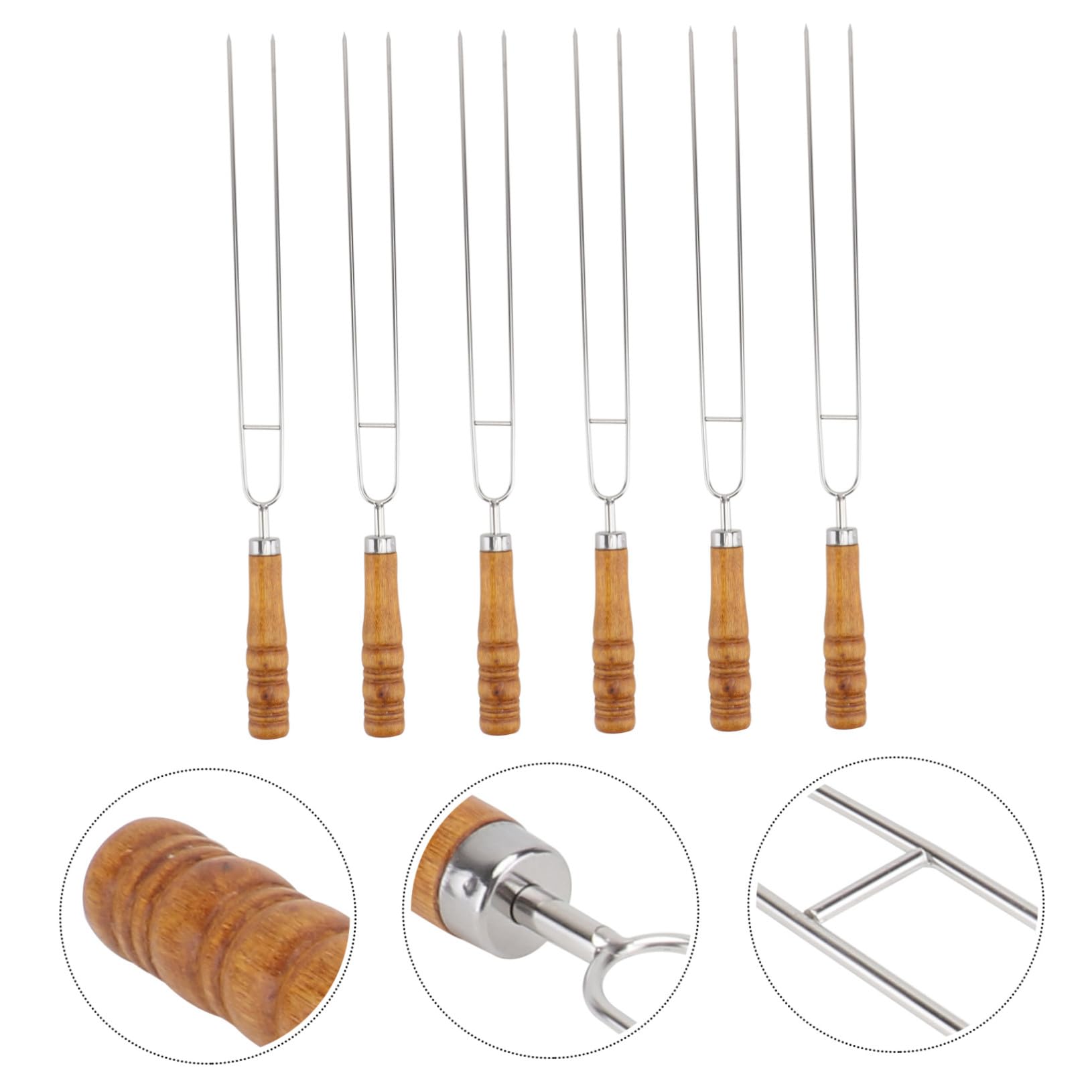 6 Piezas Pinchos para Barbacoa Acero Inoxidable con Doble Mango Madera Utensilios para Asar Carne y Vegetales Exteriores sin Reutilizables