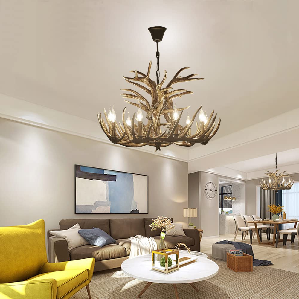 Żyrandol z poroża jelenia, 9 lamp, oświetlenie w stylu amerykańskim, żyrandol z poroża jelenia, lampa sufitowa z poroża jelenia do sypialni, salonu, jadalni (9 lamp z poroża + 6 poroży)