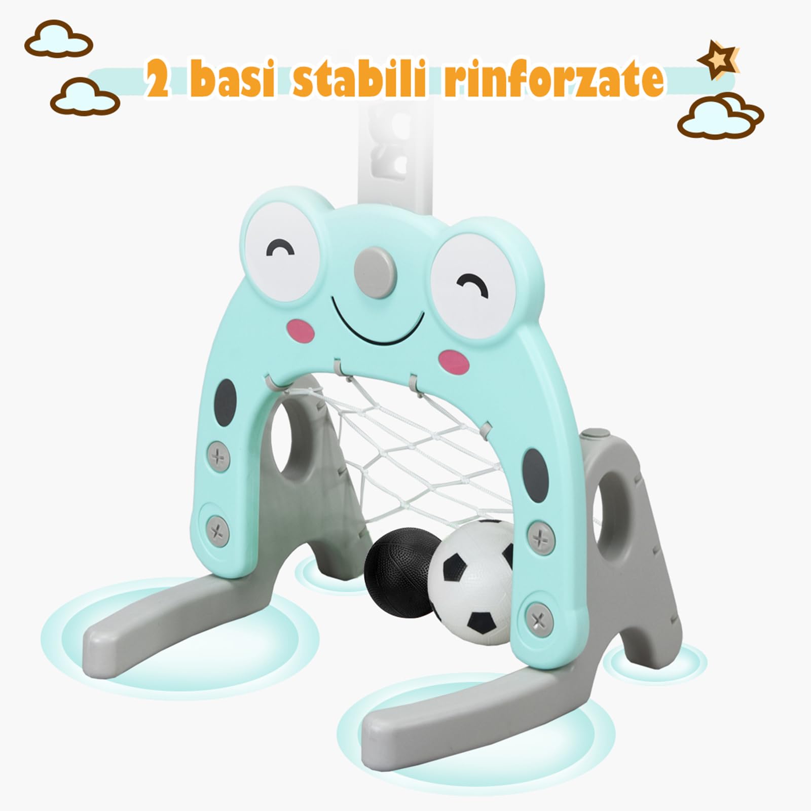 COSTWAY Canestro da Basket, Centro Attività 3 in 1 per Bambini, Canestro da Basket con Porta da Calcio e Gioco degli Anelli, Set Basket e Calcio a Forma di Orso, Ideale per Bambini (Verde)