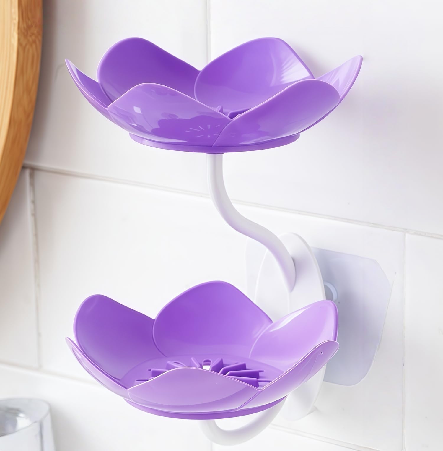 Soap Dish Holder for Shower Bar Double Layer Cute Lotus Shape Adhesive Tray Sink Wall Mounted Shampoo NO-Drilling Self Draining Hanging Saver Rack