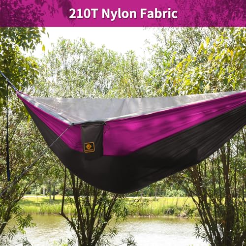 Image of Camping Hammock, Portable Hammocks with Mosquito Net,Lightweight Nylon Parachute Hammock with 10ft Tree Straps,Camping Gear Must Haves for Travel Hiking Backpacking Beach Patio-Black&Pink