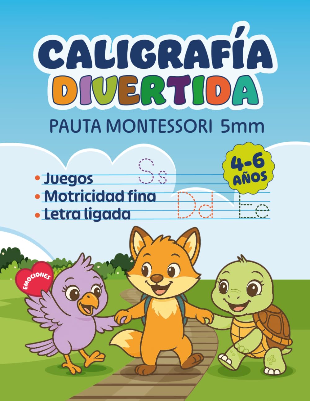 CALIGRAFÍA DIVERTIDA PARA NIÑOS 4-6 AÑOS: Libro para disfrutar de aprender a escribir en letra ligada con juegos y actividades que refuerzan la ... emociones siguiendo la pauta Montessori 5 mm