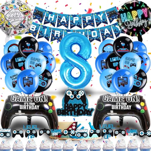 Betensh Decoração de aniversário criança 8 anos, balões de aniversário com jogo de vídeo Cake Topper, jogo de vídeo balões azuis para festa de jogos