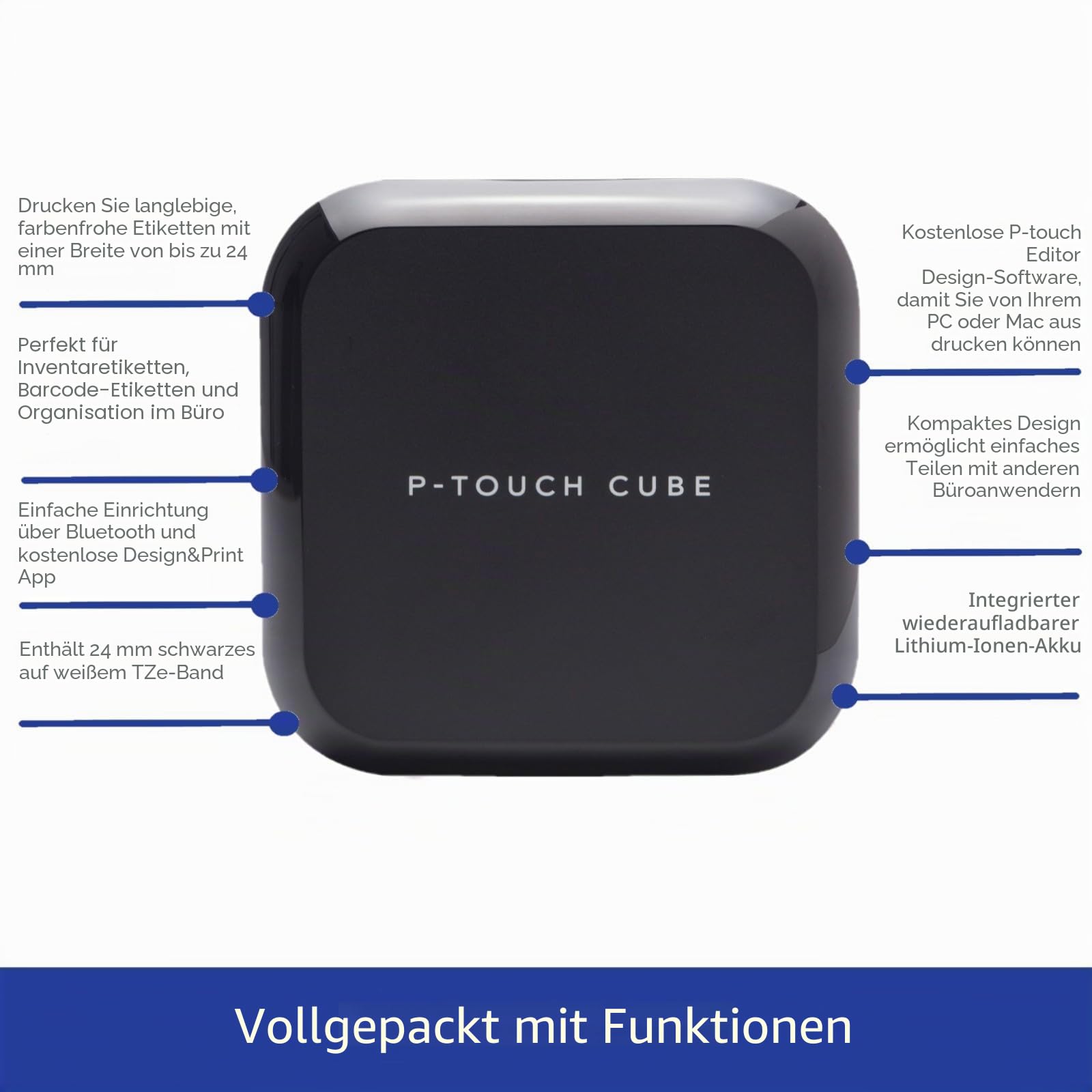 Brother PT-P710BT, Monochrom, Etikettendrucker, P-Touch Cube Plus, Etikettierer, Verbindbar (PC und Bluetooth), Schwarz, 6.1 x 11.5 x 11.5 cm