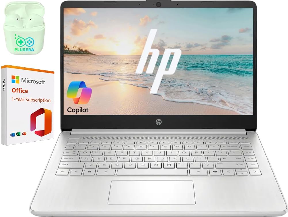 HP 14" Business Laptop Computer with 1-Year Office 365, Intel Quad-Core N150 Processor, 4GB RAM 128GB UFS, Windows 11 Home, PLUSERA Earphones, Natural Silver
