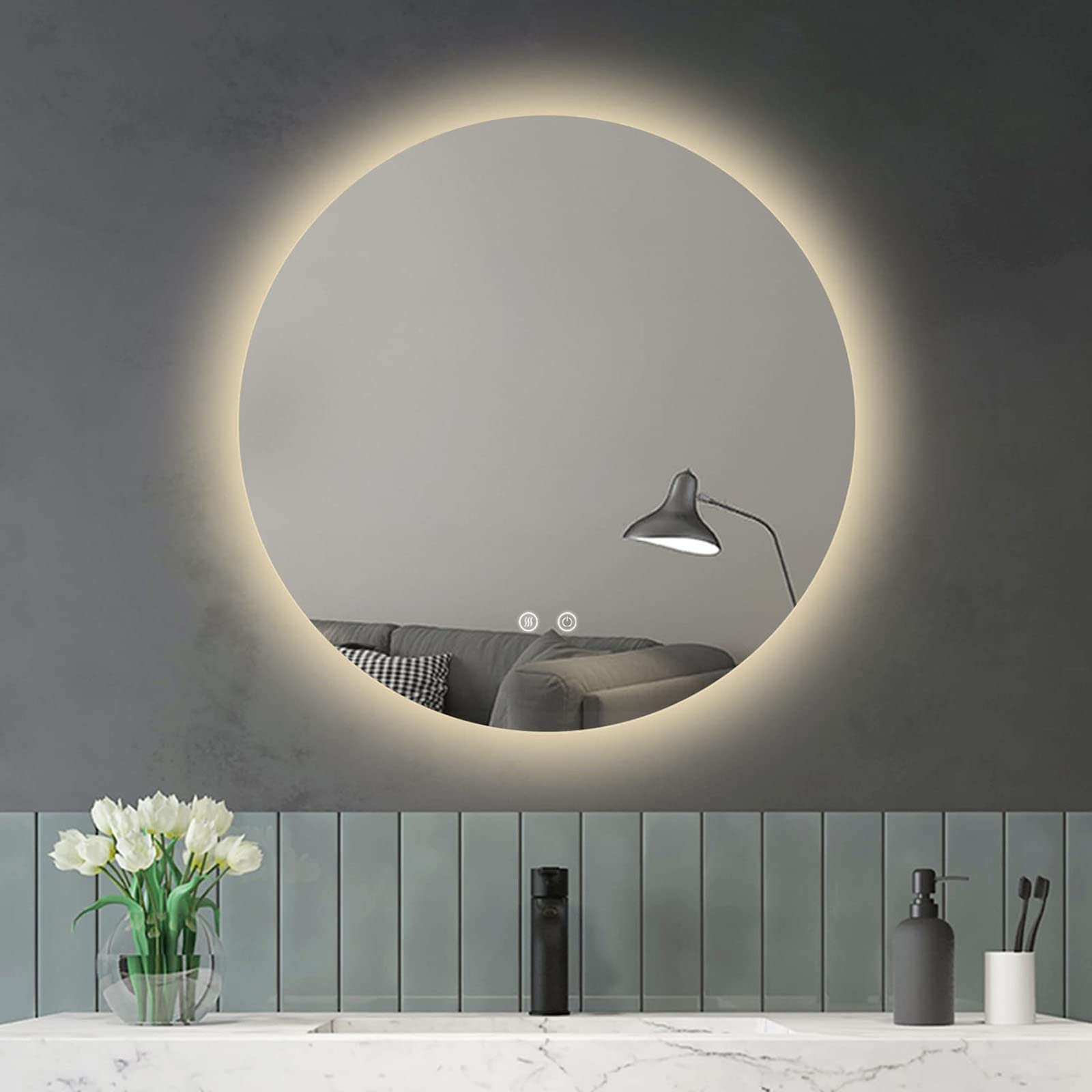 Specchio Espejo de baño LED redondo de 60 cm, 50 cm, 40 cm y 80 cm, antivaho, regulable de 3000 K a 6400 K, espejo decorativo de pared, 3 opciones de temperatura de color, espejo de tocador con r