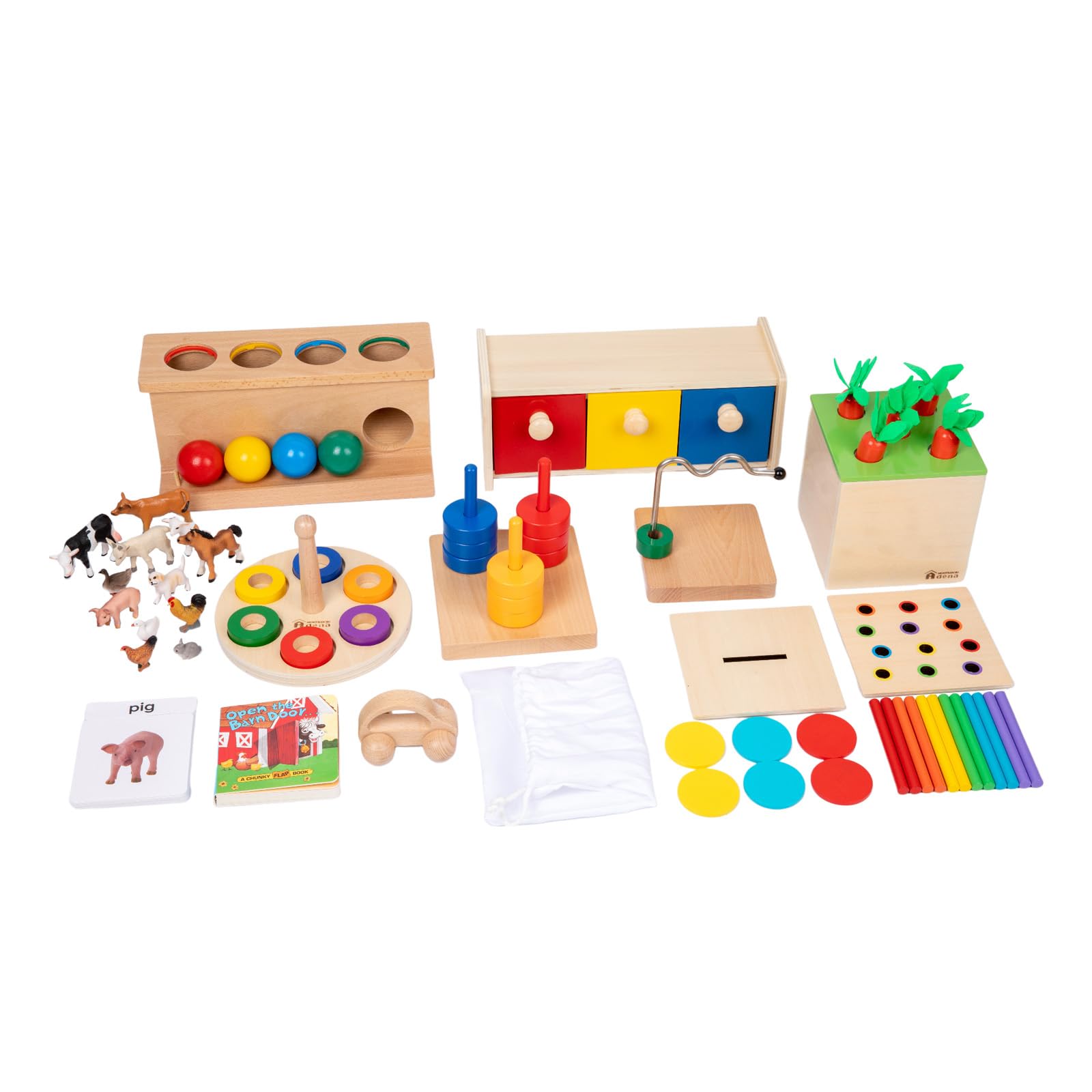 Adena Montessori Play Kit for 13-15 Month Baby,10 in Wooden Learning  Educational Toys for Toddler,Include Color Pegs&Rings,Object Permanence Ball