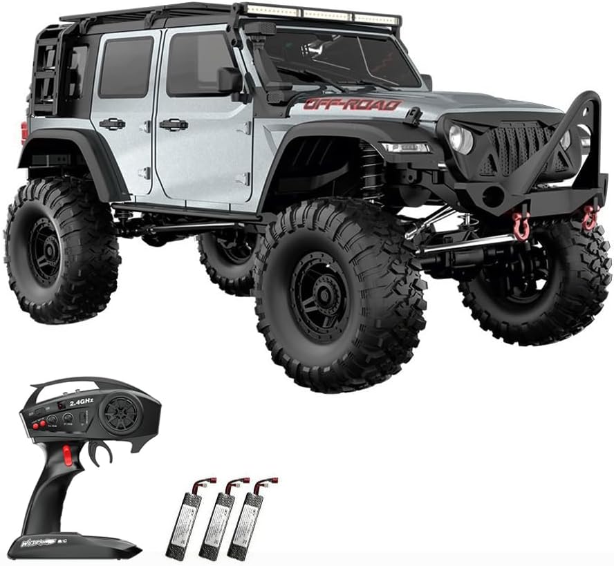 Remote Control Car, 1:10 Scale 2.4G 4WD Electric Crawler, Rechargeable Off-Road Vehicle with LED Lights 3 Batteries, Car Toy Gifts for Boys Girls Kids, Silver