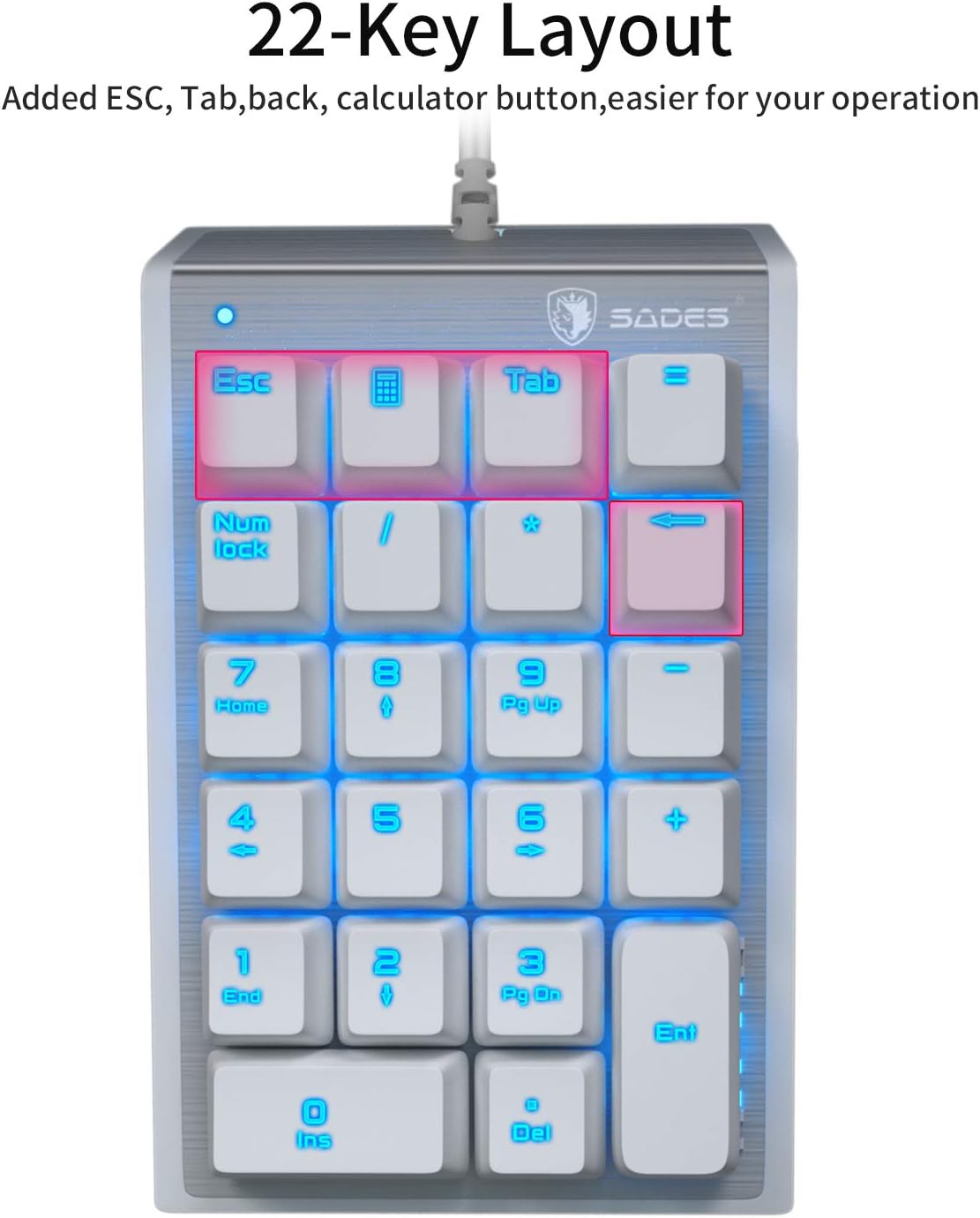 USB Mechanical Numeric Keypad,SADES USB Wired Numeric Keypad 22 Key Numpad with LED Backlit- White(Blue switches)