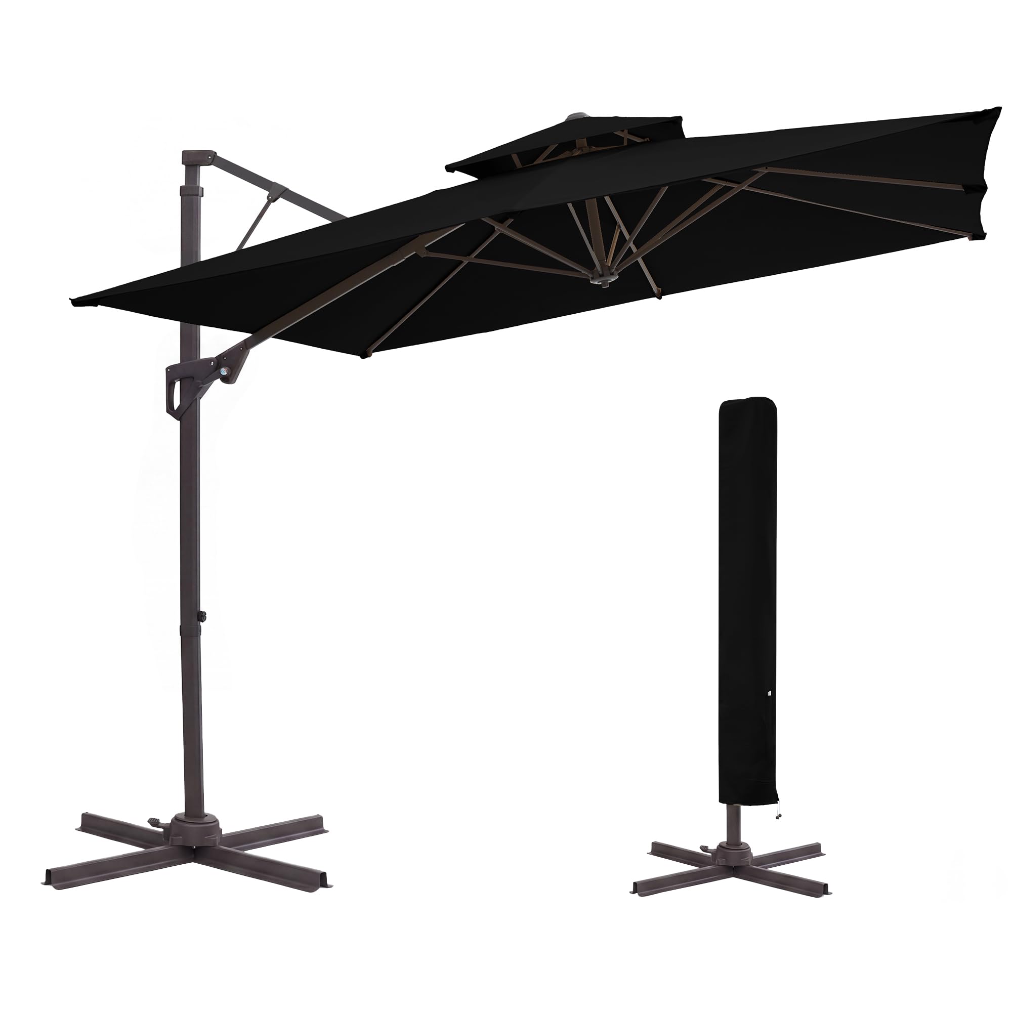 JEAREY 10x10 ft 2-Tier Cantilever Patio Umbrella, Large Square Outdoor Offset Umbrella with Double Top Vent and 360-degree Rotation for Garden, Deck, Pool, Patio, Black