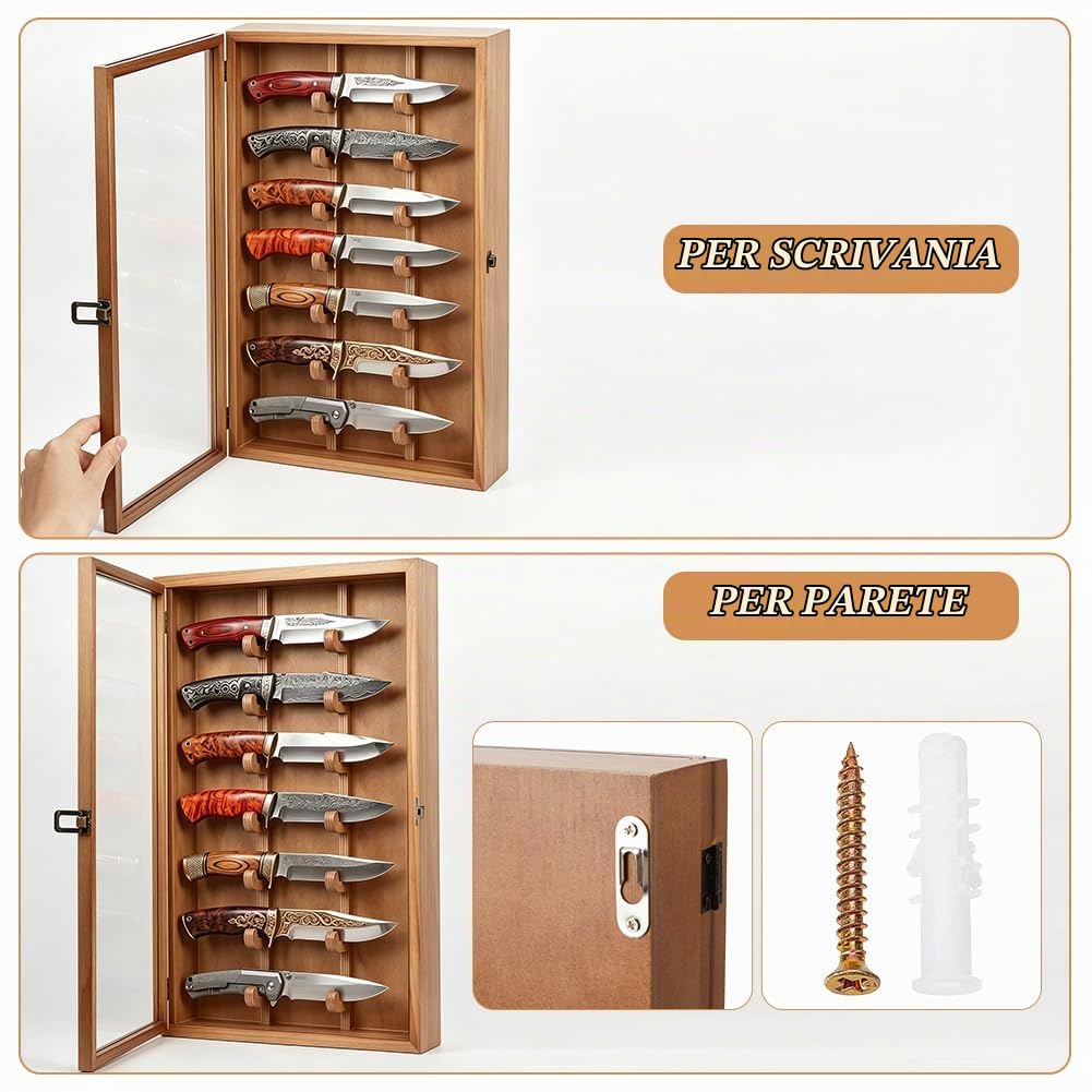 UNICRAFTALE Espositore per coltelli in legno di pino, con coperchio in acrilico visibile con serratura, 43 x 25,5 cm, espositore per la collezione di coltelli, per riporre oggetti in casa