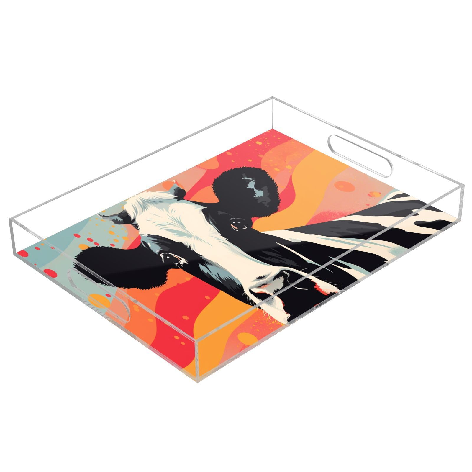IOACIY Clear Serving Tray 12x16 Inches Acrylic Decorative Tray Organiser for Ottoman Coffee Table Countertop with Handles, Cow (19)