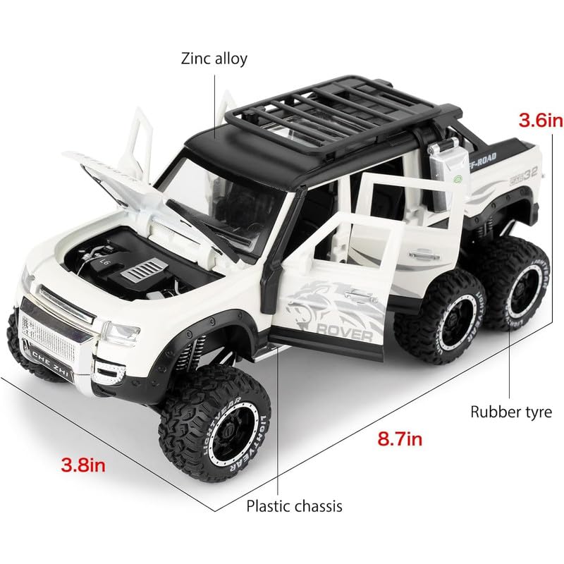 Image of Kids Model 1:24 6 Wheel Defender Die Cast Metal Car Pull Back Action Opening Doors with Realistic Engine Sound Lights Toy Car Gift for Boys - White