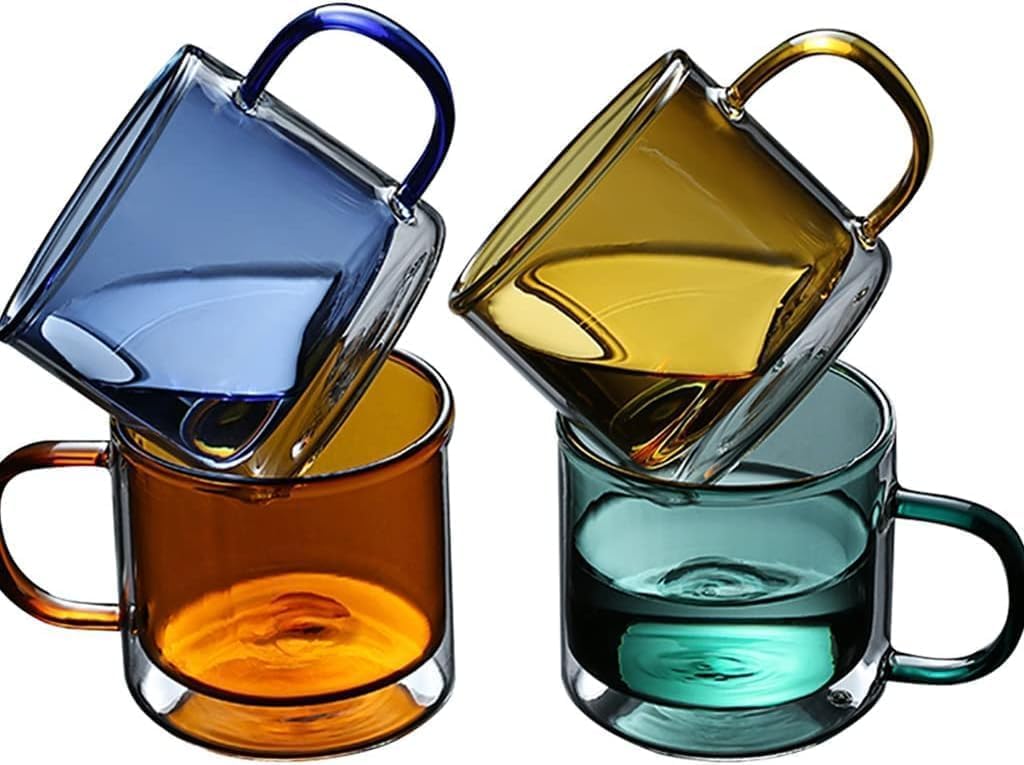 Doppelwandiges Kaffeetassen-Set Aus Glas Mit Henkel, Wiederverwendbare Isolierte Kaffeetasse, Farbige Becher, Weingläser, Glasgeschirr, Trinkgläser, Teetasse, Amber