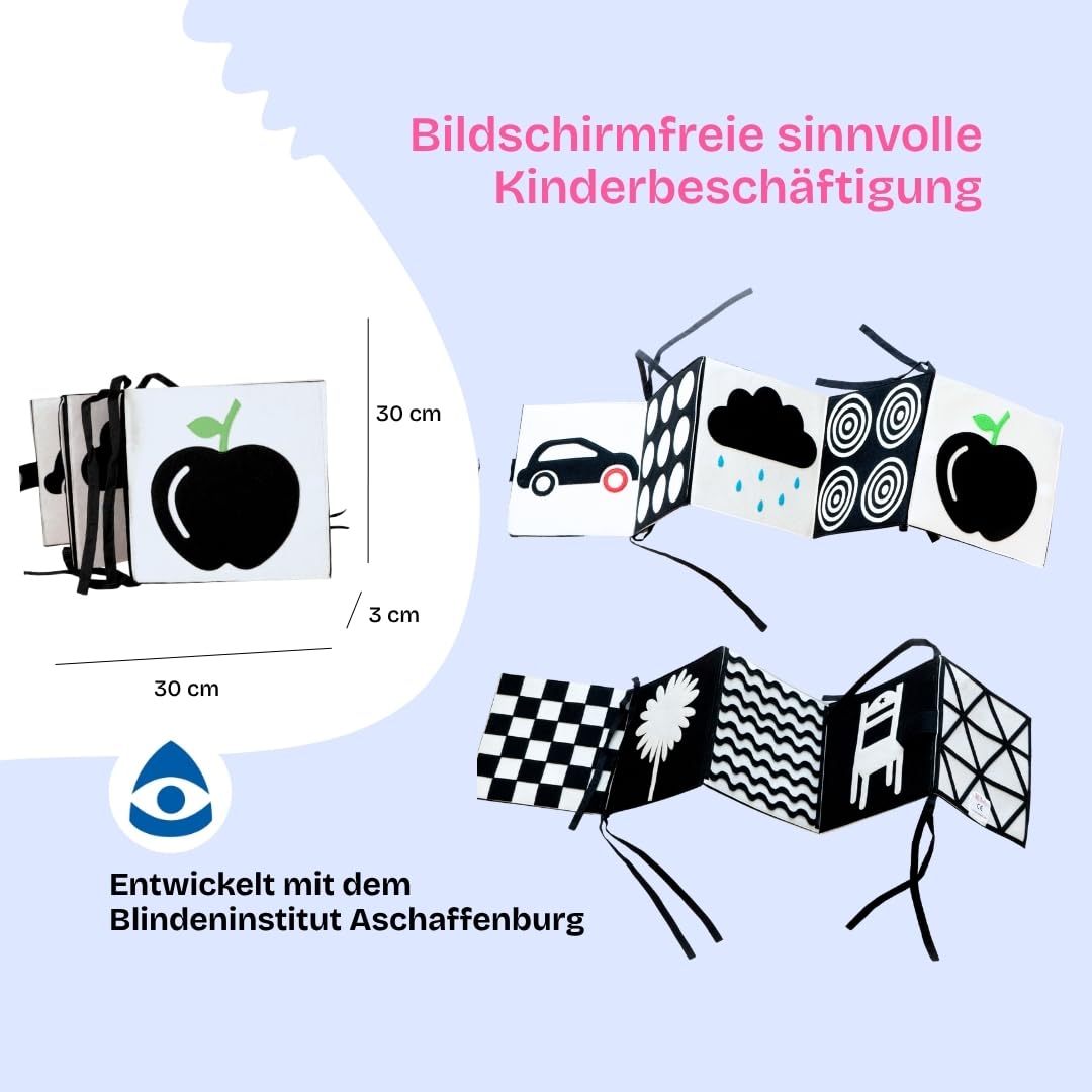 Jolly Designs Black & White Jumbo – Kontrastbuch ab Geburt, Schwarz-Weiß-Buch für Babys, 10 Seiten mit starken Kontrasten & Farbakzenten, Stoffbuch für visuelle Wahrnehmung, 20 × 20 cm
