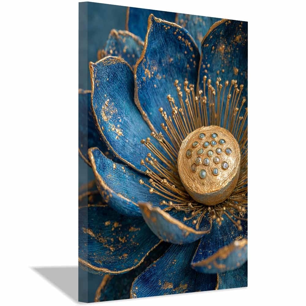 Xeniou Multicolor Flowers Wall Art Blue Gold Lotuses Art Canvas Wall Art, For Living Room Bedroom Restaurant Home Office Wall Decoration(Multicolor)-70X100cm Framed