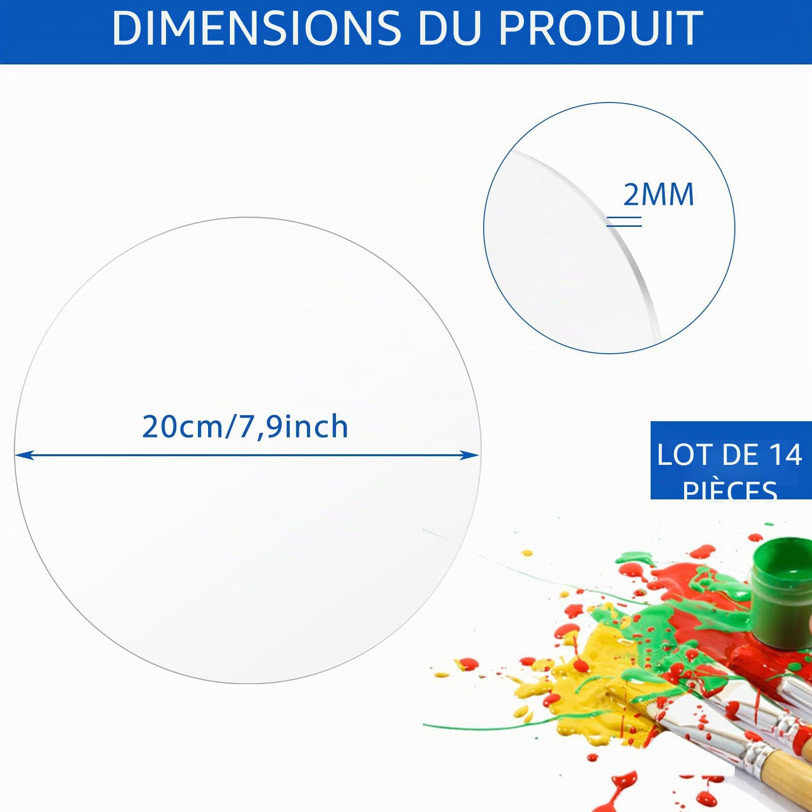 14 Pièces Feuilles Acryliques Transparentes, 20 cm Acryliques Rondes, 2mm d'épaisseur Disque Rond pour Peinture, Présentoir à Gâteaux et Bricolage