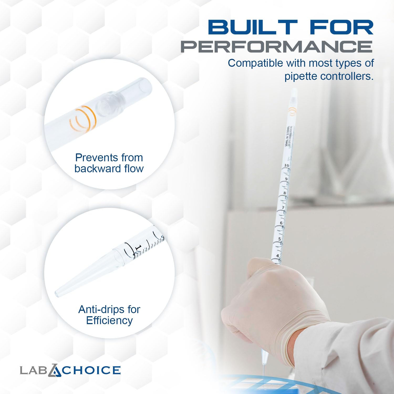 LabChoice Serological Pipettes - 200 Count - Plastic Disposable Sterile Pipettes, Individually Packed Graduated Transfer Pipette for Laboratory Use - 10mL, Orange
