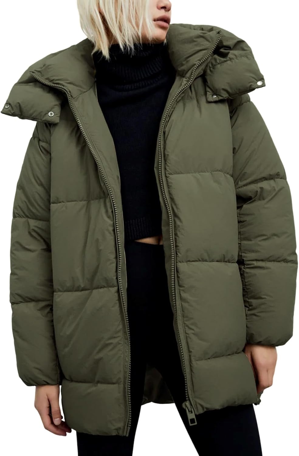Gihuo Womens Quilted Puffer Coat Hoodie Winter Oversized Mid-Length Padded Down Jacket Warm Heavyweight Bubble Outerwear