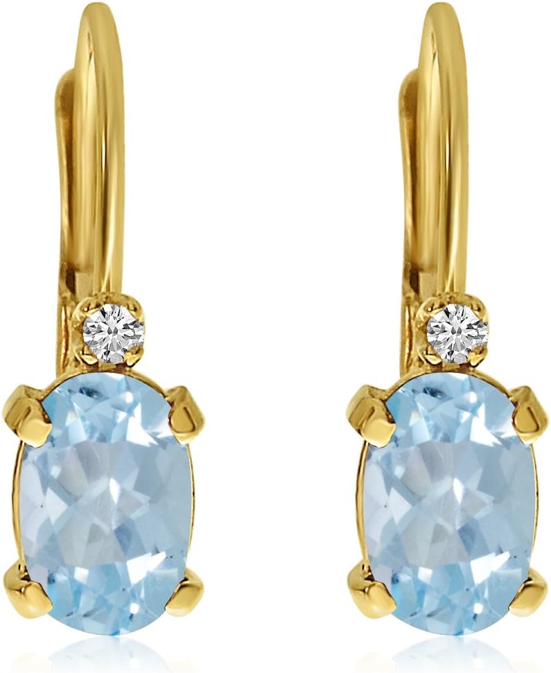 14k Gold Oval Gemstone and Diamond Leverback Earrings