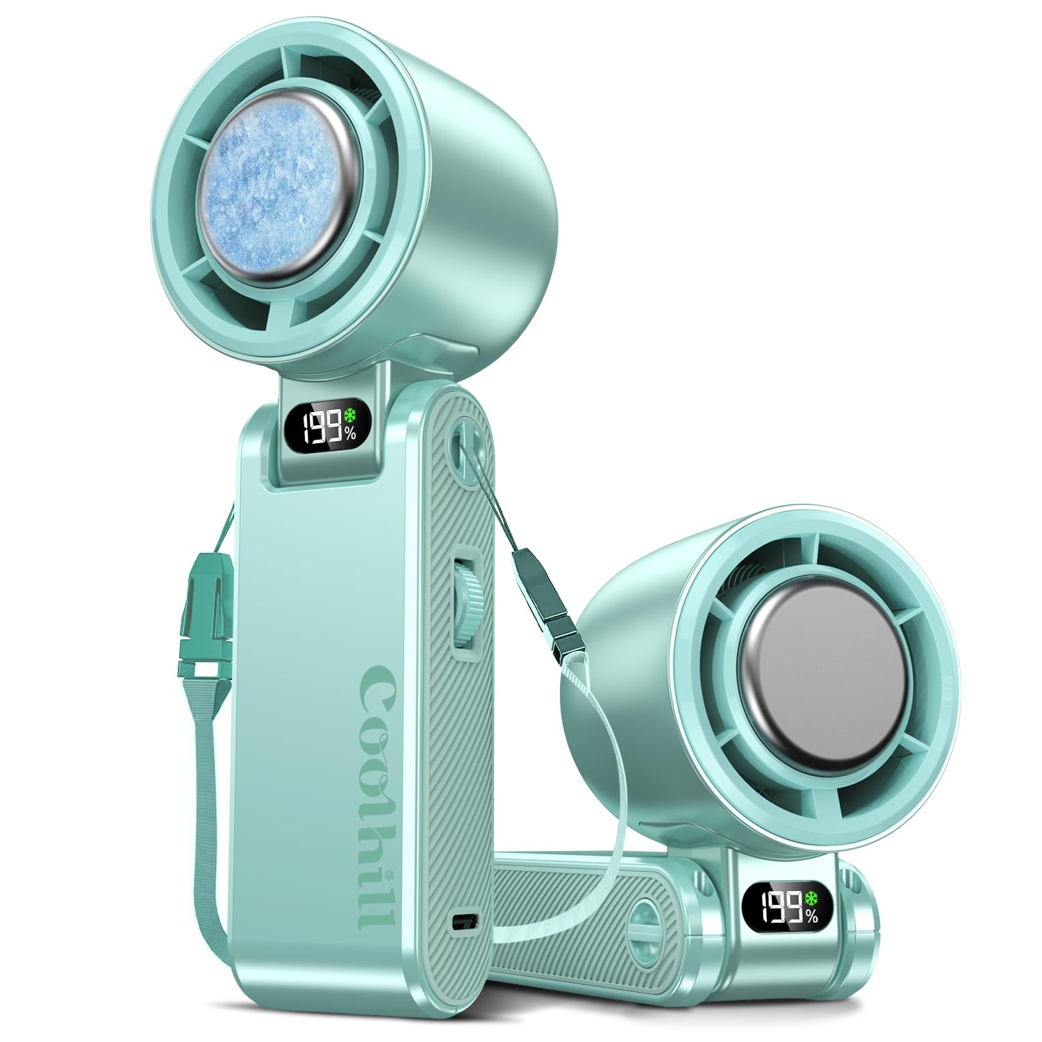 Coolhill M319 Handheld Portable Fan showing its internal components and various speed modes.