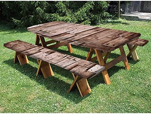 GBYAGCS Wooden Fitted Tablecloth, 3 Pieces Set, Vintage Barn Shed Floor Wall Planks Sepia Art Old Natural Plywood Lodge Image Print, for Outdoor Picnic Parties, 30 x 72 Inch Grey Brown