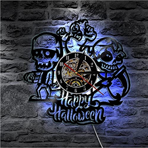 Horloge murale LED Happy Halloween en vinyle avec motif squelette